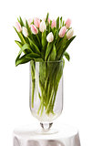 Pink and white tulips bouquet in vase over white