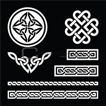 Celtic white knots, braids and patterns on black background