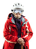 Senior woman wearing ski jacket and helmet over white background. With clipping path.
