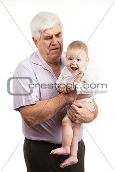 Portrait of a mature grandfather holding grandson over white