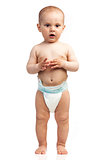 Full length portrait of a cute one-year old boy standing in a studio