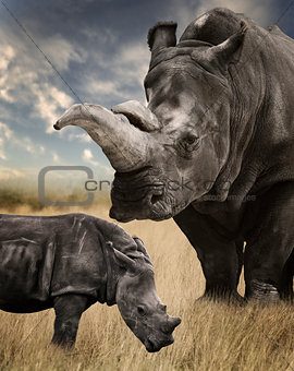 Mother And Baby White Rhino