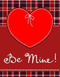 Heart in stitched textile style. Vector red heart textile label with 'be mine' hand lettering