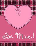 Heart in stitched textile style. Vector pink heart textile label with 'be mine' hand lettering