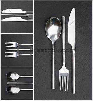 Collage of cutlery images on rustic style background