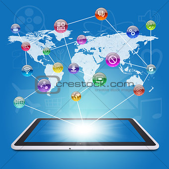 Tablet PC, earth map and application icons