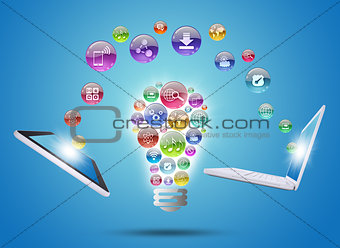 Lamp consisting of apps icons, tablet and laptop