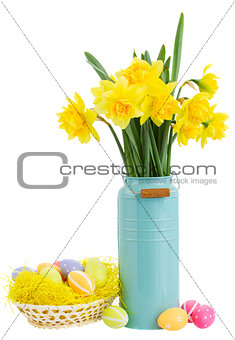 bouquet of daffodils flowers with easter eggs
