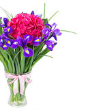 hortensia and iris flowers bouquet in vase