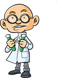 Cartoon bald scientist with two test tubes