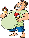 Cartoon overweight man holding two ice creams