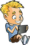 Cartoon of little boy using a computer tablet