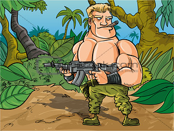 Cartoon muscled soldier in the jungle