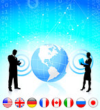 Business couple with globe and internet flag buttons