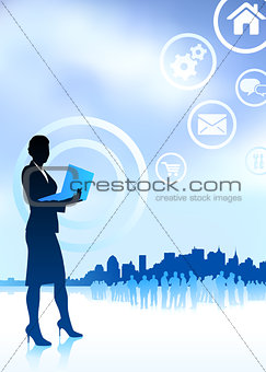 businesswoman holding computer laptop internet background with c