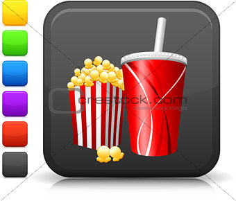 popcorn and soda icon on square internet button