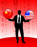 Businessman Holding China and United States Internet Flag Button