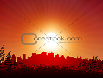 Sunset over city background