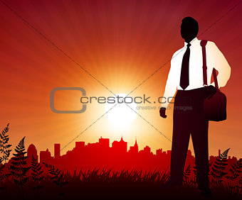Traveling Businessman on sunset background