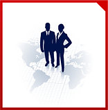 business team silhouettes on corporate world map background