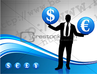 Young business man silhouette with currency symbols