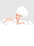 smiling  young woman chef pointing  with blank board