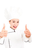 asian woman chef, cook or baker  showing thumbs up