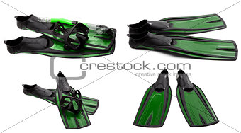 Set of green swim fins, mask and snorkel for diving