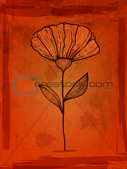 Vector flower on grungy orange background with blots and splashe