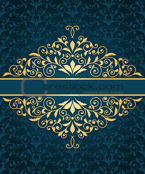 Vector greeting card with golden frame and  seamless  vintage fl