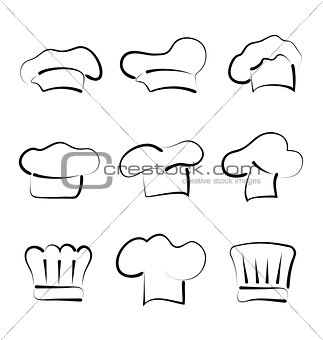 Set of chef hats isolated on white background, sketch style