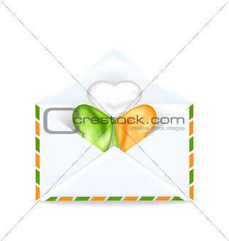 Envelope with clover in Irish flag color for St. Patrick's Day