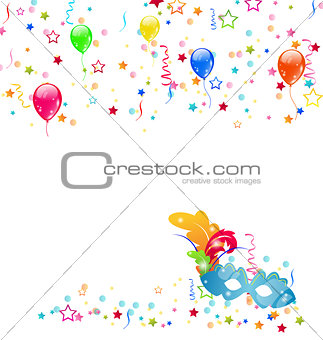 Carnival background with mask, confetti, balloons