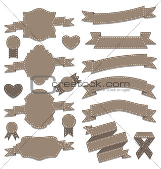 Group leather ribbons, vintage labels, geometric emblems