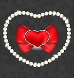 Red heart with bow and pearls for Valentine Day