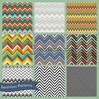 Set of Vector Seamless geometric hipster backgrounds. Retro Vintage Zigzag patterns. Illustrator pattern swatches are available.