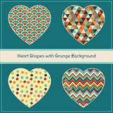 Heart Shapes with Textured Geometric Grunge Background Set. Vector Illustration