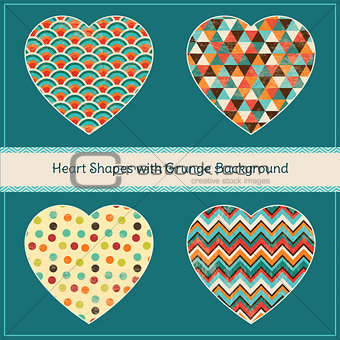Heart Shapes with Textured Geometric Grunge Background Set. Vector Illustration