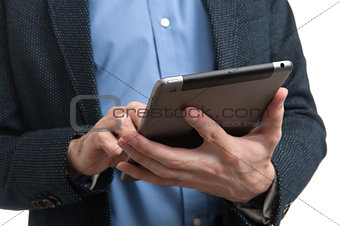 Men in formal wear holding digital tablet
