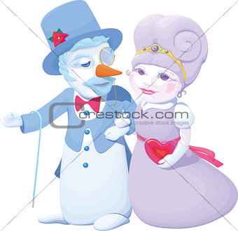 Pair of Valentine cartoon characters snowman and snow maiden walking arm in arm