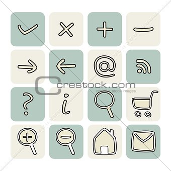Doodle vector hand drawn icon set. Web tools symbols button collection