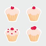 Sweet cupcakes vector set. Silhouettes with red cherry, heart and strawberries on top