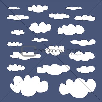 White clouds on dark blue sky background vector set.