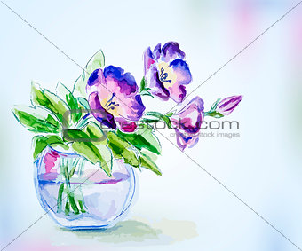 Spring watercolor flowers in vase. Greeting Card.