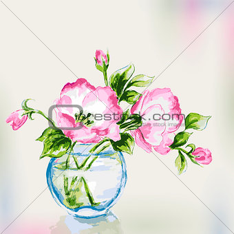 Spring watercolor flowers in vase. Greeting Card.