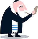 Rabbi With Talit Blows The Shofar