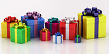 many-colored gift boxes with varicolored ribbon