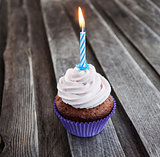 Tasty birthday cupcake with candle