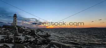 Panorama of Peggys Cove's Lightouse after Sunset