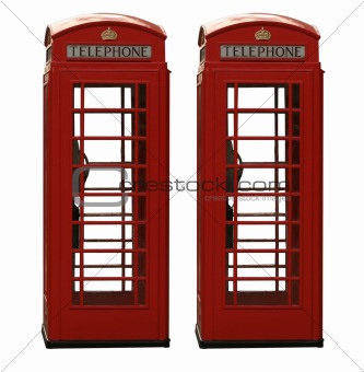 Two classic red British telephone box, isolated on a white backg